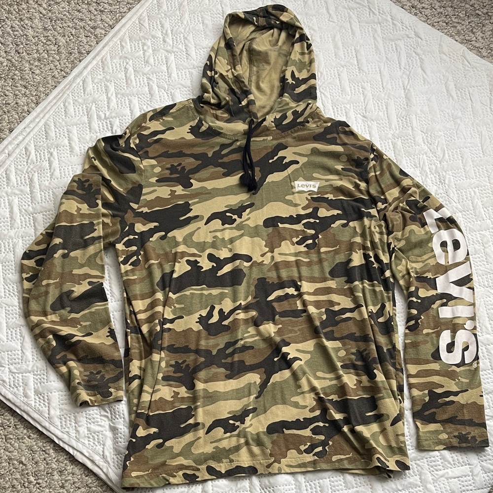 Levi's Green and Brown Camo Hooded Long Sleeve Shirt